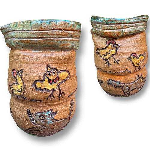 Carolyn Simmons 6.5" Wolf & the Chickens Wood Fired Vessel DP6003
